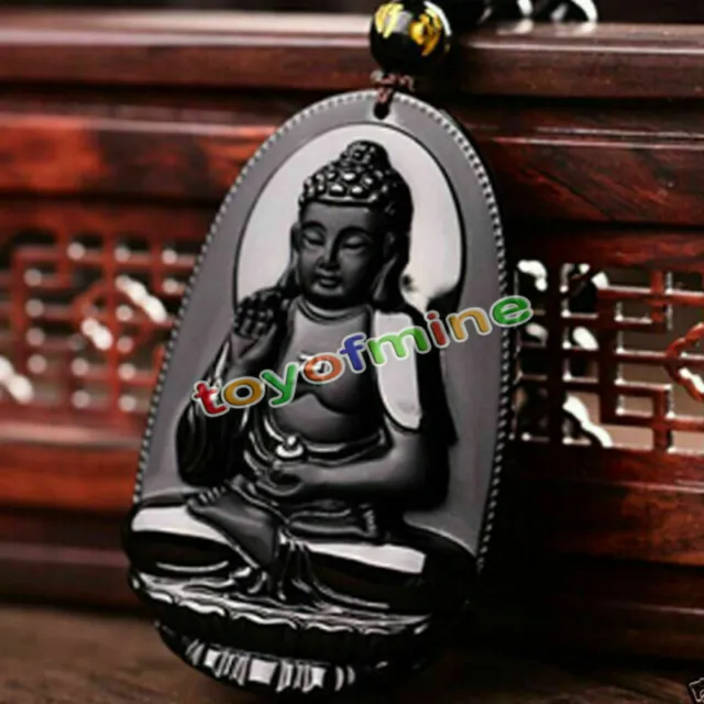 Black Natural A Obsidian Carved Buddha Pendant Rope Gift For Men Lady 2