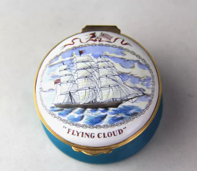 Crummles Limited English Enamel Pill Trinket Box Hinged Cover Flying Cloud Ship