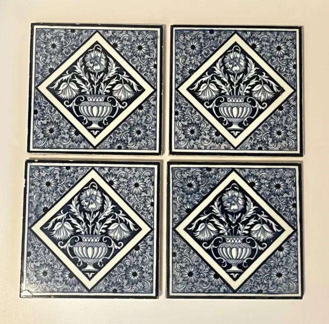 Antique Tiles x 4 Blue & White Victorian Fireplace Arts & Crafts 1860s 1870s 6"