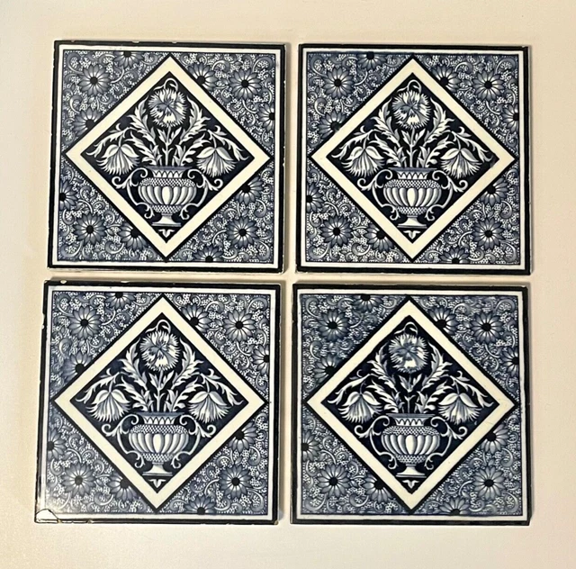 Antique Tiles x 4 Blue & White Victorian Fireplace Arts & Crafts 1860s 1870s 6"
