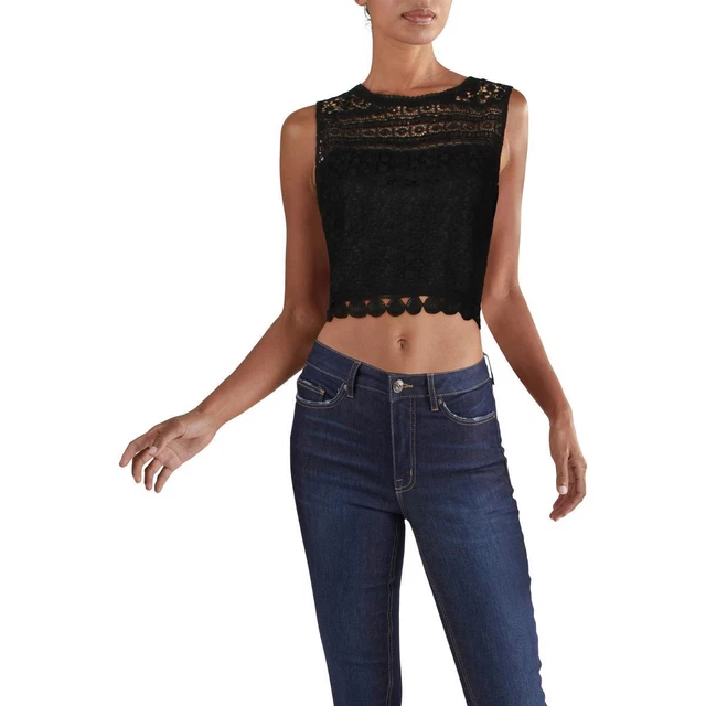 Aqua Womens Black Lace Scalloped Tank Crop Top Shell L  9521