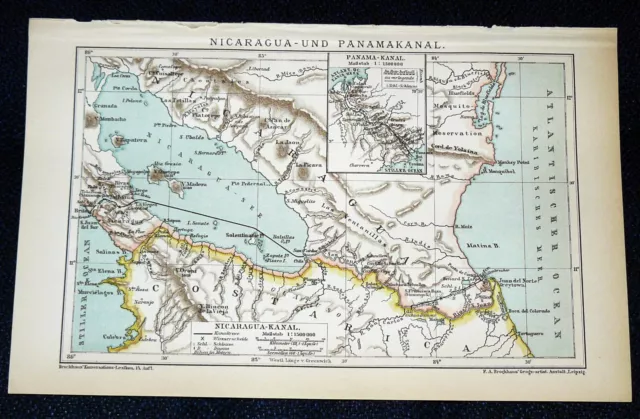 NICARAGUA- und PANAMAKANAL Nikaragua Landkarte Lithographie & Text von 1895