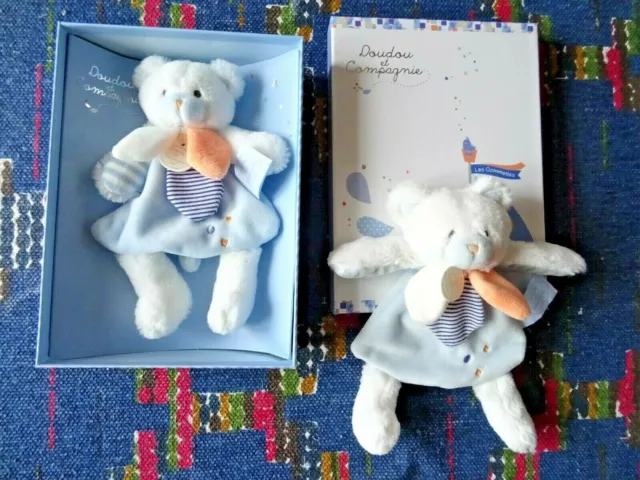 Pl/ Lot De 2 Doudou Et Compagnie Plat Ours Les Gommettes Bleu Blanc  Neuf + Kom9
