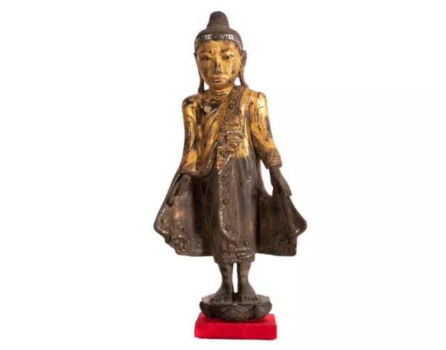 Antiker , Stehender Buddha. Holz, Lack und Vergoldung. Burma , Mandalay. 19. Jh.