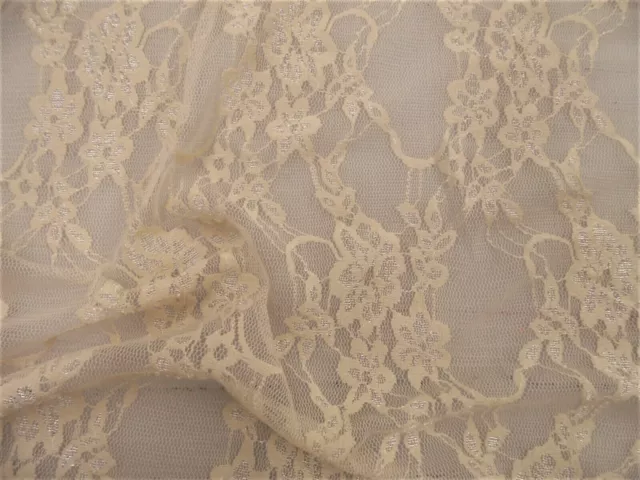 Stretch Mesh Lace Fabric Dark Ivory Floral Sheer Metallic Sheen A207