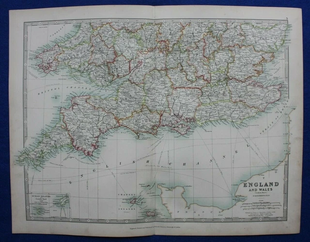 ORIGINAL ANTIQUE MAP SOUTHERN ENGLAND & WALES, RAILWAYS, A.K. Johnston