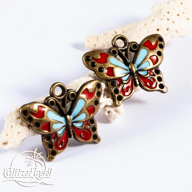 2x Anhänger Schmetterling Emaille 24mm Bronze Charm Rot Blau GlitzerInsel 00163