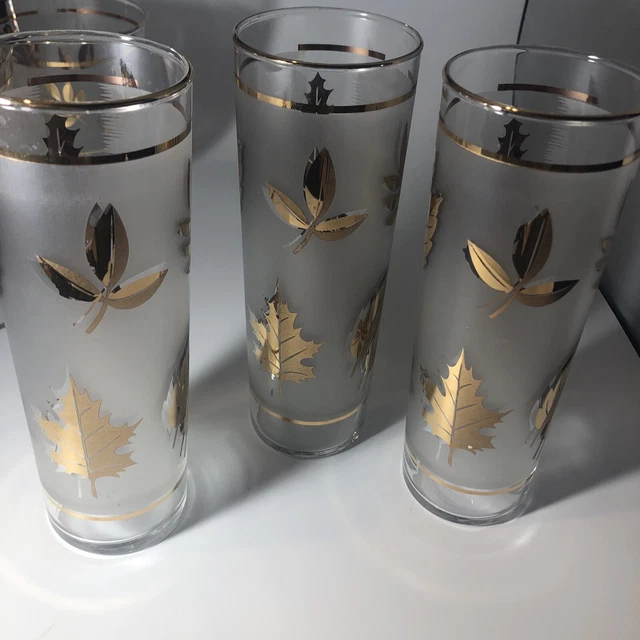 3 Frosted Gold Leaf Tall 7" LIbby Drinking Glasses High Ball Bar Tom Collins