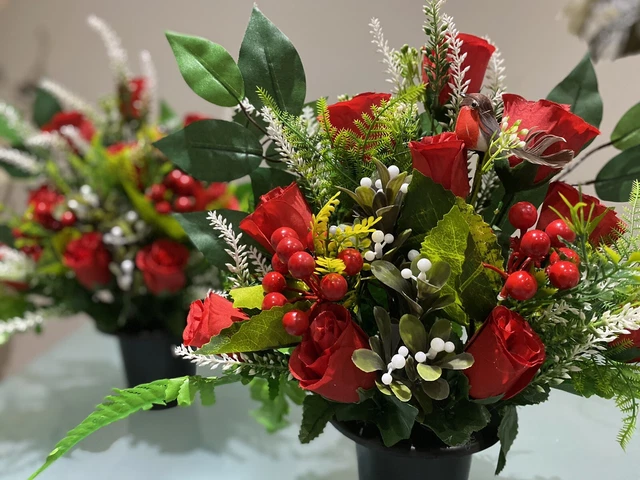 Christmas Grave Artificial Flowers Red Roses Robin Memorial Arrangements Pair