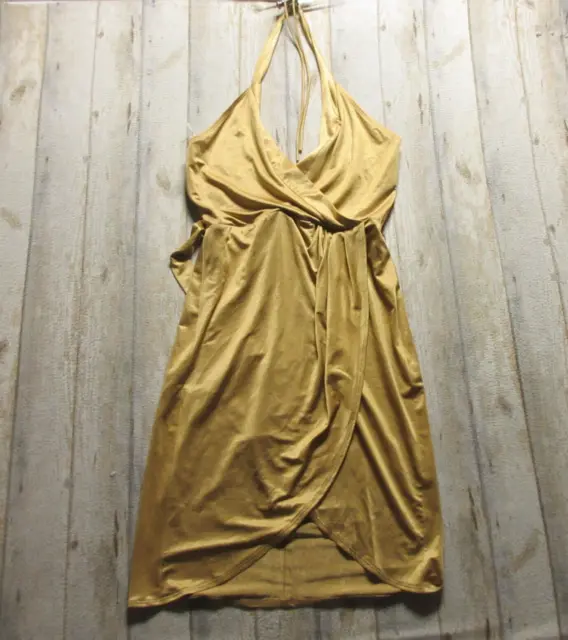 ABS Allen Schwartz Dress Womens Medium Gold Sleeveless Halter Strap Satin Party