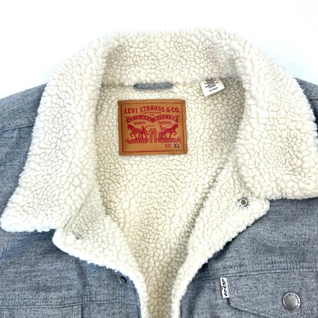 Levi's Trucker Jacket Sherpa Lined Flannel Fleece Heathered Mens Unisex XL Boxy