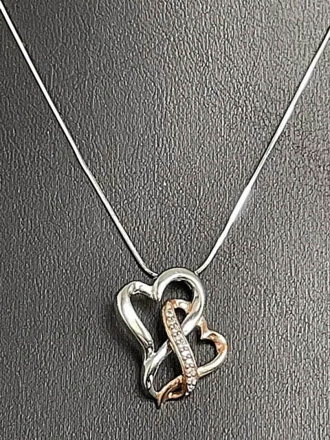 Two Hearts Diamond Pendant Necklace - Multi-Tone Gold, 3/4'' X 3/4'', 17'' Chain