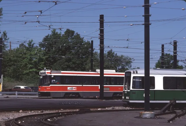 MBTA Toronto CLRV 4031 next to LRV 3486 at Riverside 1980 Orig Kodachrome Slide