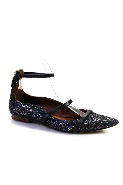 Malone Souliers Womens Sequined Pointed Toe Ankle Strap Flats Black Size 37 7