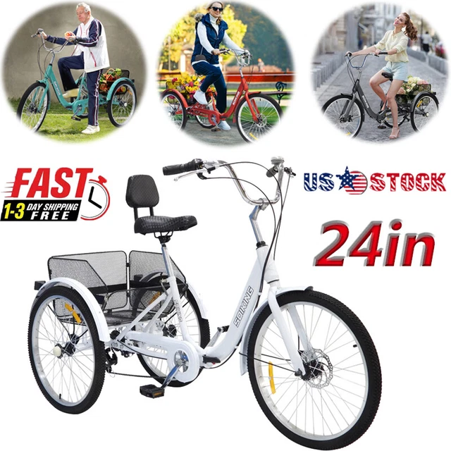 24-In 3 Wheels&7-Speed Adult Foldable Tricycle Cruiser Bike With Carrying Basket