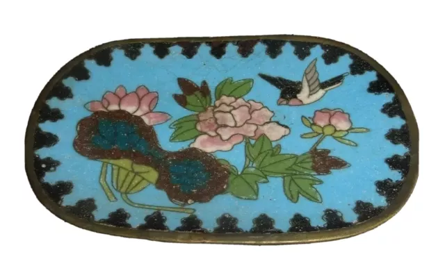 Vintage Japanese / Chinese Cloisonne Oval Dish Bird & Flowers