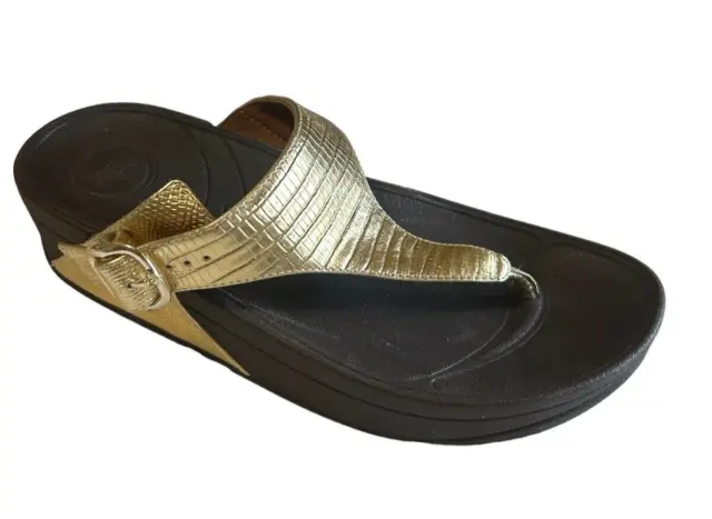 FitFlop Lulu Metallic Gold Flip Flop Sandals Faux Snake Skin Thong Wobble US 5
