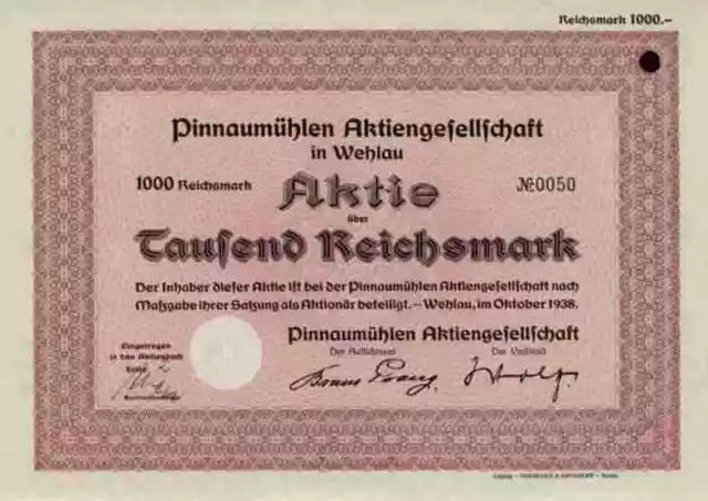 Pinnaumühlen AG 1938 Wehlau Snamensk Gumbinnen Ostpreussen 1000 RM Getreidemühle