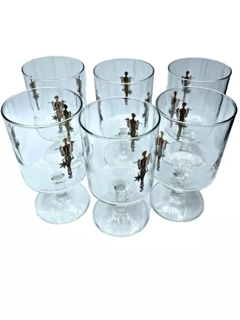 6 Vintage MCM Footed Drinking Glasses Gold Man with Balancing bar and star