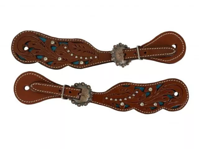 Showman Ladies Floral Tooled Leather Spur Straps w/ Teal Inlay
