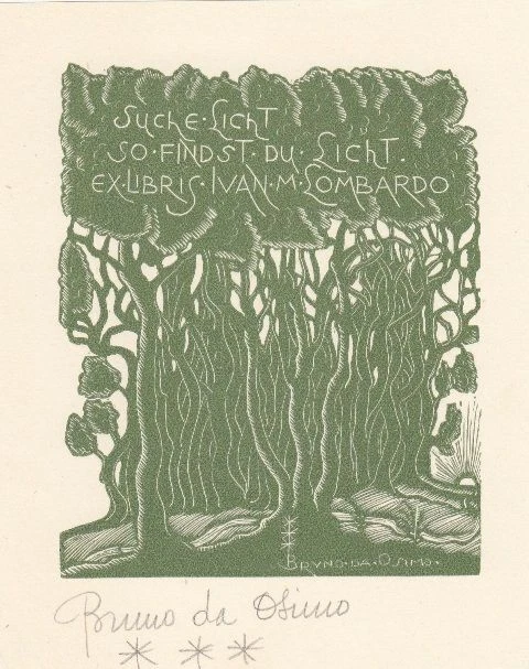 Exlibris Bookplate Hochdruck Bruno da Osimo 1888-1962 Laubwald Sonne