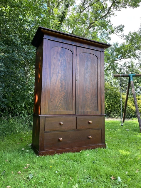 Antique 19th Century Mahogany Linen Press Double Wardrobe Armoire Cabinet #M 3