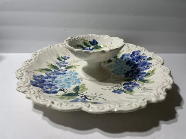 Majolica Floral Ceramic Flowers Chip And Dip Bowl  Italian Pottery