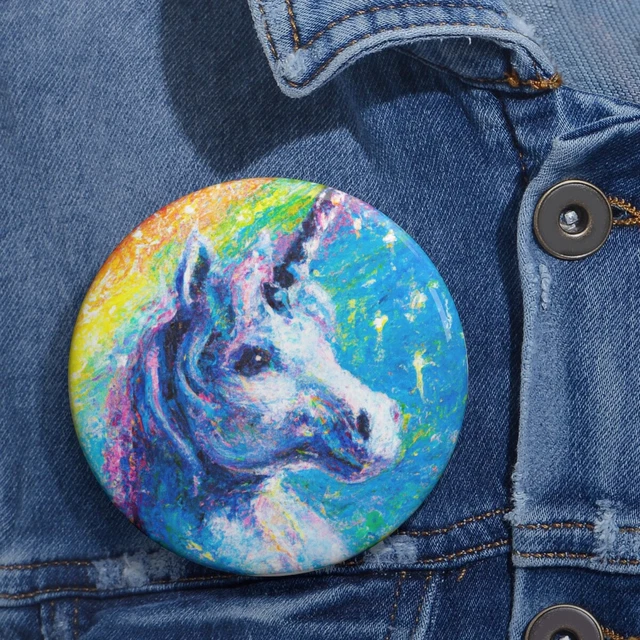 Pin Back Button Rainbow Unicorn Retro Style Mythical Fantasy Cute Horse Colorful