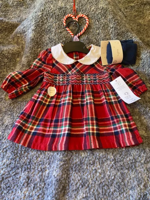 Baby Girls 3-6 Months Outfit Red Tartan Dress Set with Tights F&F BNWT