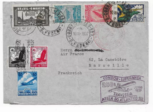 BRESIL lettre AERA CONDOR-LUFTHANSA 1937 timbres BRESIL + ALLEMAGNE p/ FRANCE