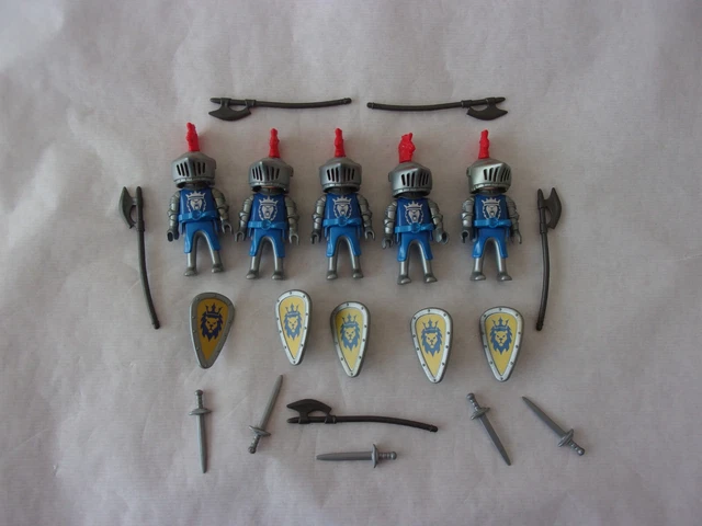 Lot De Playmobil  * 5 Chevaliers Du Lion Bleu Blanc Et Gris  + Accessoires *