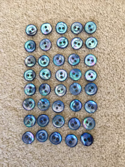 40 Beautiful Vintage Blue Mother of Pearl Abalone Shell Round Buttons - 1cm