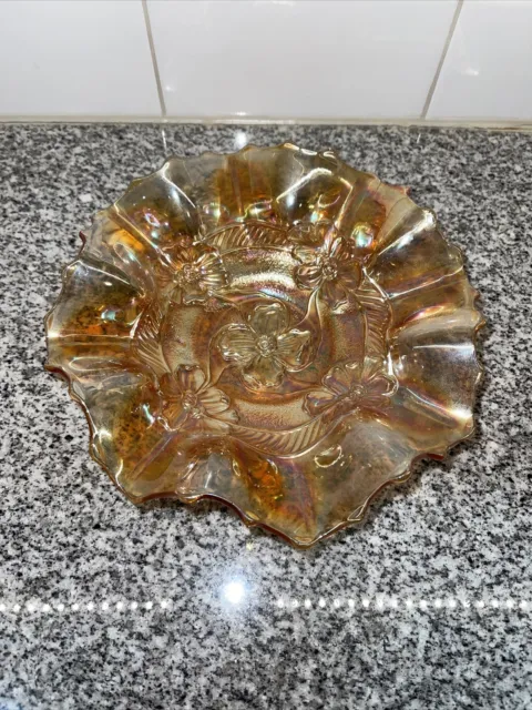 Vintage Dugan - Marigold Carnival Glass - Apple Blossom - Ruffled 7" Bowl