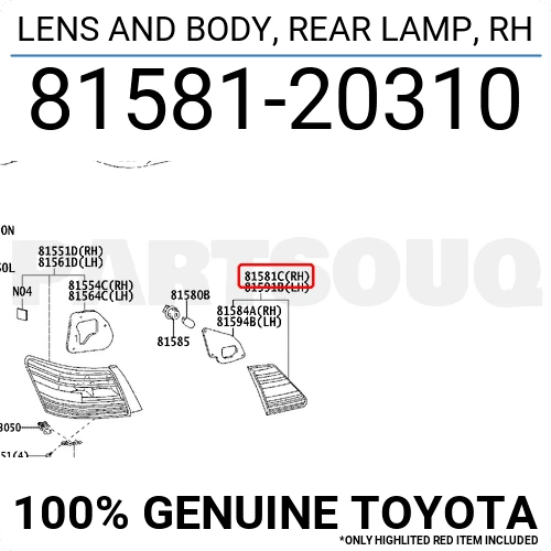 8158120310 Genuine Toyota LENS AND BODY, REAR LAMP, RH 81581-20310 OEM
