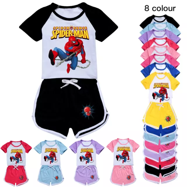 Kids Girls Boys Spidermen Print Casual T-shirt Tracksuit Set Top Shorts Outfits