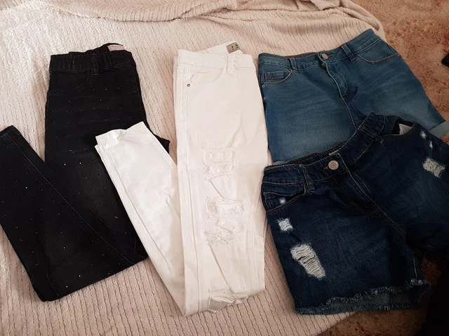 4 x GIRLS JEANS DEMIN SHORTS BUNDLE AGE 11 12 13 14 YEARS BLACK WHITE MID BLUE