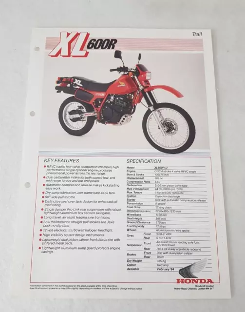 HONDA XL600R-D TRAIL Motorcycle Sales Specification Leaflet FEB 1984