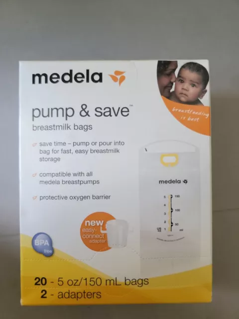 Medela Pump & Save Breast Milk Bags, 20 Bags 2 Adapters