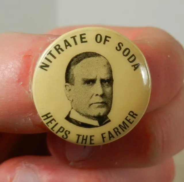 RARE William McKinley Nitrate of Soda Helps the Farmer Advertising Button NY