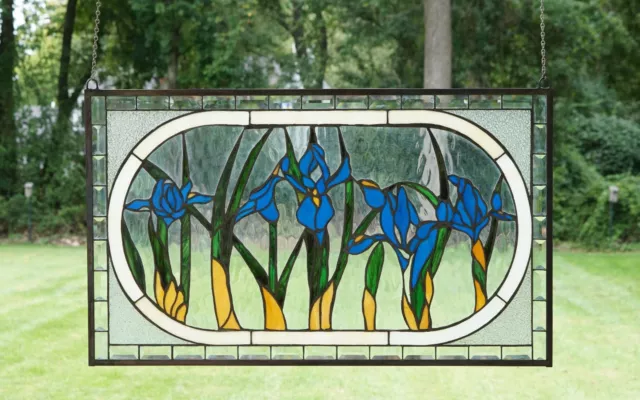 34.75"L x 20.5"H Handcrafted Beveled stained glass window panel Iris Flowers