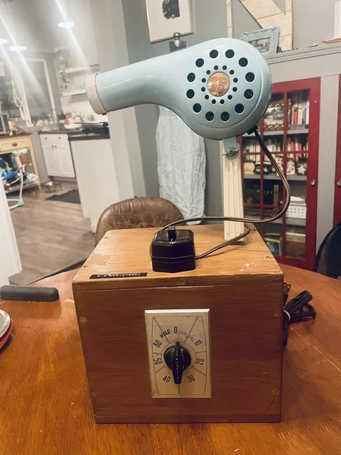 Working! Vintage Rex Ray Blue Electric Hair Dryer with stand & Set In Box