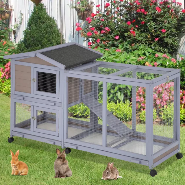 Indoor & Outdoor Large Rabbit Hutch Rabbit Cage Guinea Pig Cage w/ Wheels &Tray