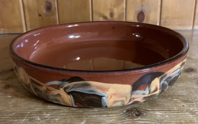 Vintage Studio Pottery Terracotta Serving Bowl Dish With Lava Glaze 70s Retro