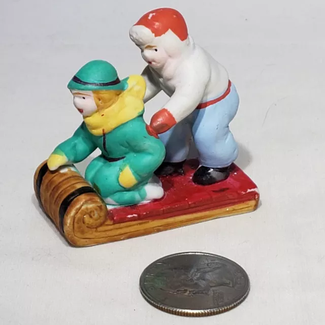 Porcelain Lemax Figurine Village 2 Kids on Sled Toboggan Bisque Snow Winter 2x2"