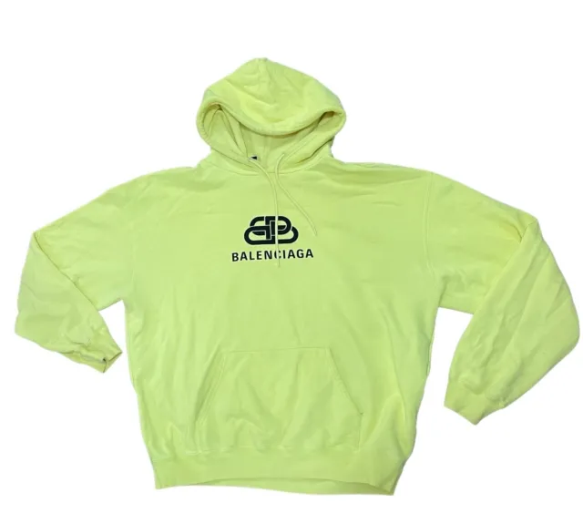 BALENCIAGA LOGO COTTON JERSEY HOODIE Size XXL NEON YELLOW 100% Authentic