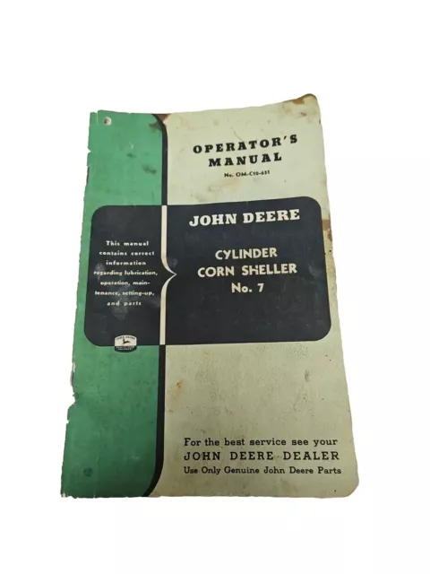 Vintage John Deere Cylinder Corn Sheller No. 7 Operator’s Manual