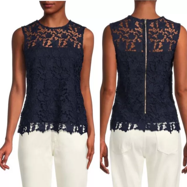 Nanette Lepore Navy Blue Lace Zip Back Top Blouse Sleeveless S Crochet Nwt New