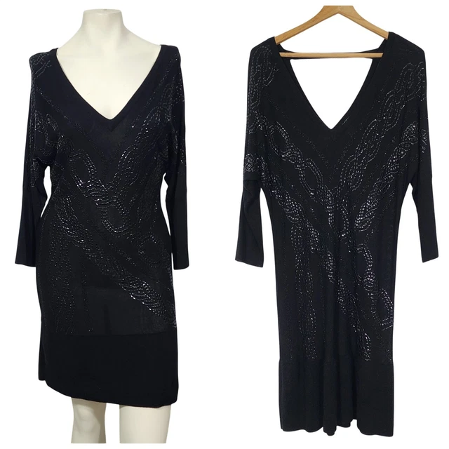 Y2K Vintage Cache Black Beaded Sweater Dress L Open Back V Neck Party Glam party Y2K Vintage Cache Black Beaded Sweater Dress L Open Back V Neck Party Glam party