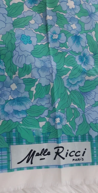 Foulard Carré En Soie Mademoiselle RICCI Paris - Vintage 80x80 Cm - Motif Floral Bleu