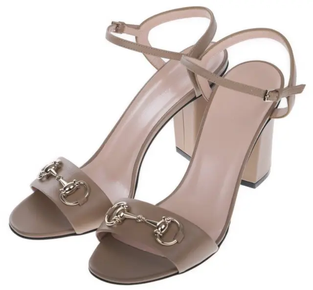 New Gucci Taupe Beige Leather Horsebit Logo Sandals Shoes 40/10